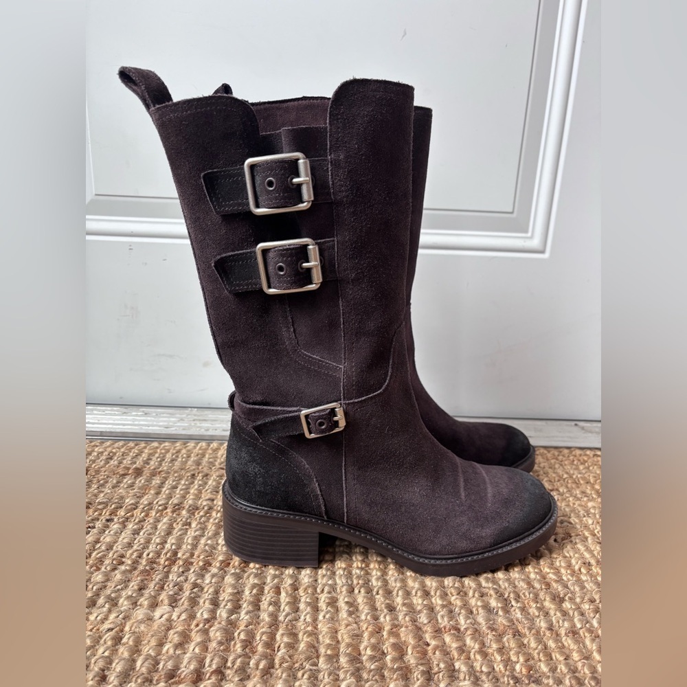 Zara Brown Combat Moto Suede Split Leather Buckled Calf High Ankle Boots - Picture 5 of 17